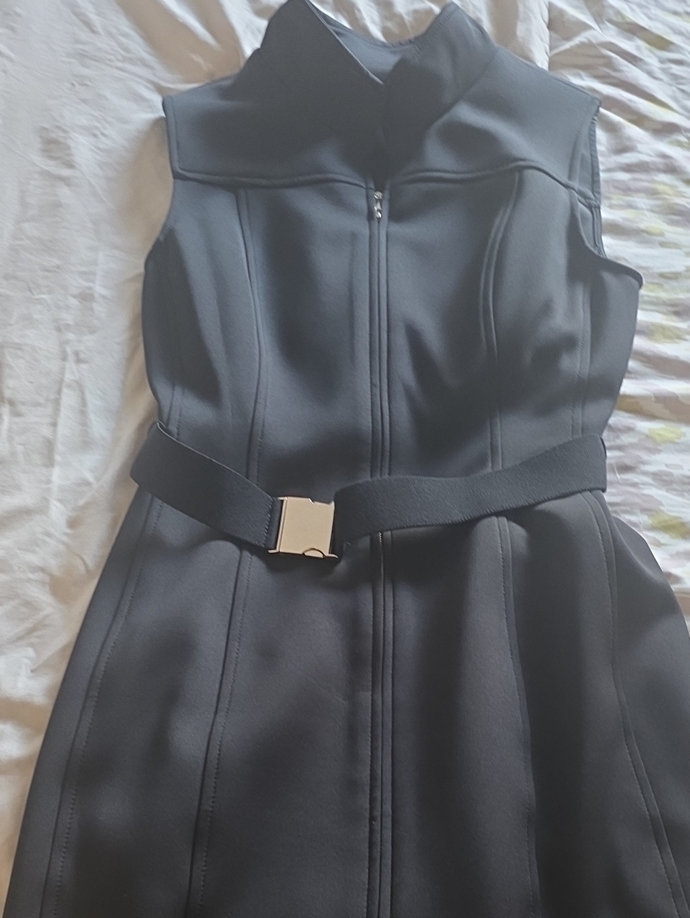 Women's Black Sleeveless Zip Front Belted Dress